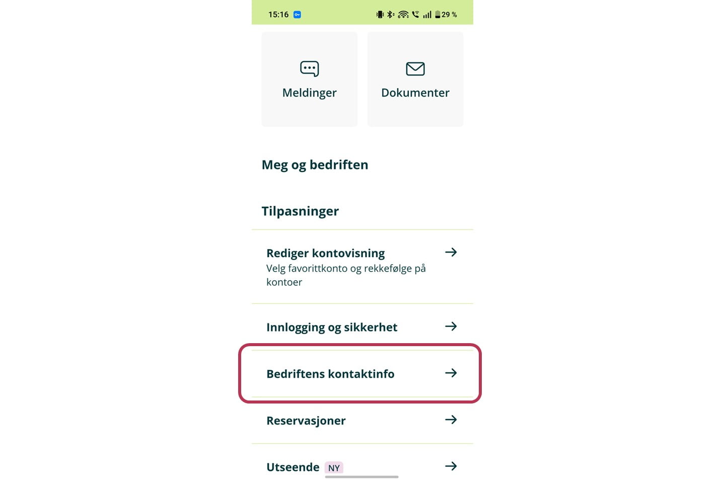 Skjermdump av hvor man oppdaterer kontaktinformasjonen i mobilbanken