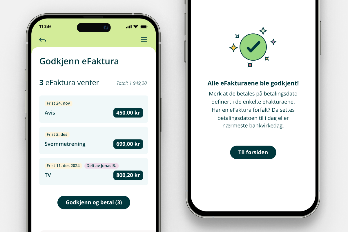 Illustrasjon fra mobilbank hvor du godkjenner flere fakturaer