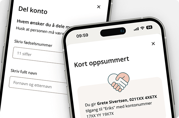 To mobilskjermer viser en bankapp hvor brukeren kan dele tilgang til en konto med en annen person, inkludert bekreftelse av delingen.