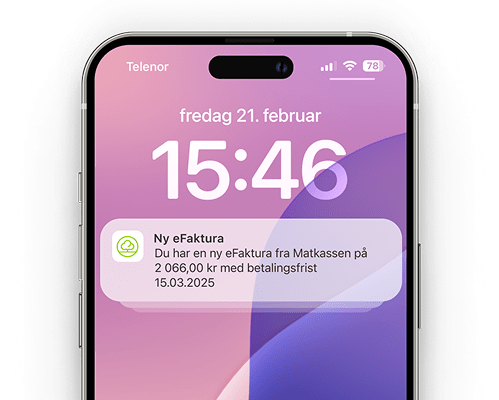 Mobilskjerm med en pushvarsling fra en bankapp, som informerer om en ny faktura eller betalingshendelse.
