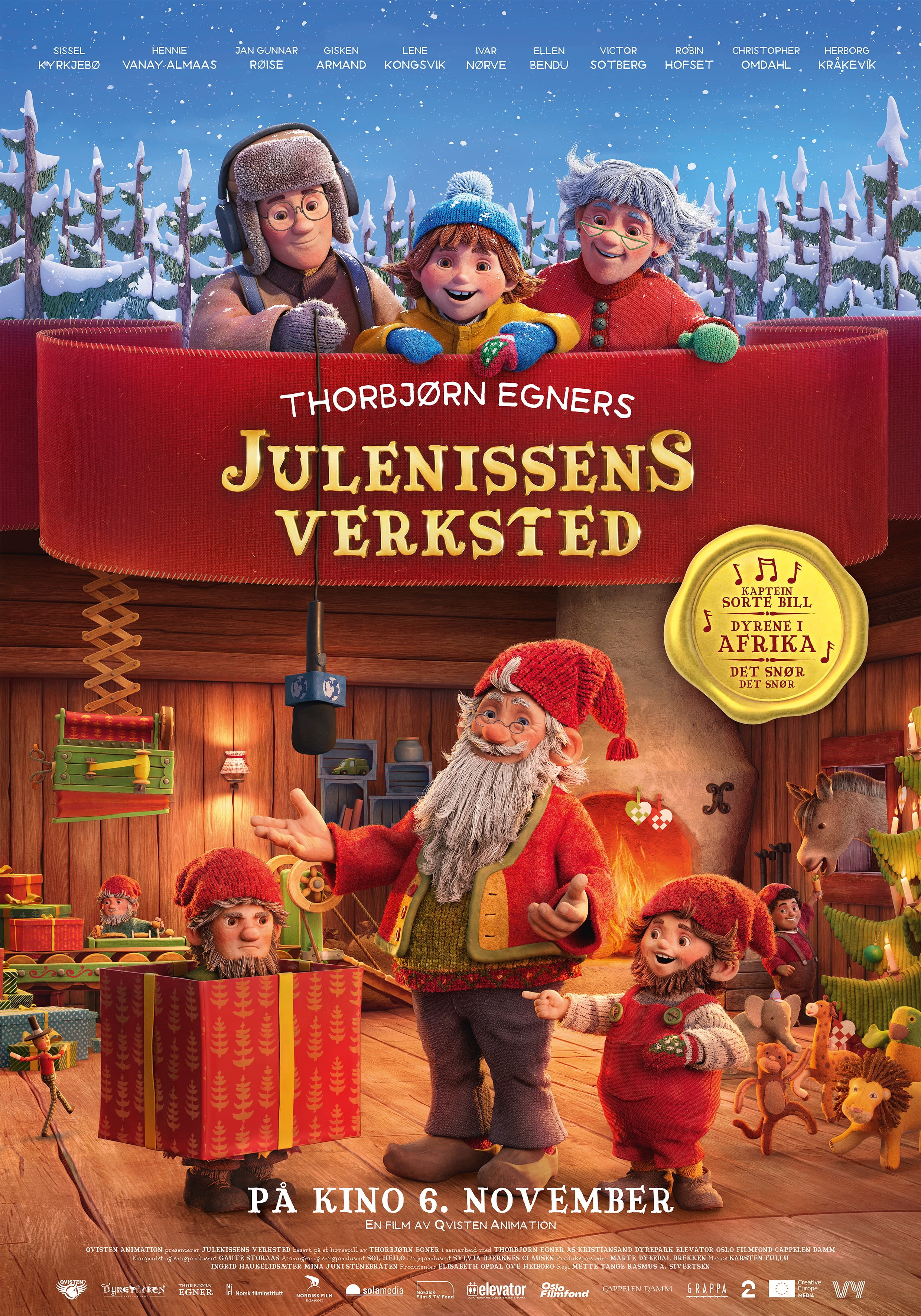 Filmplakat i animert stil med nisser 